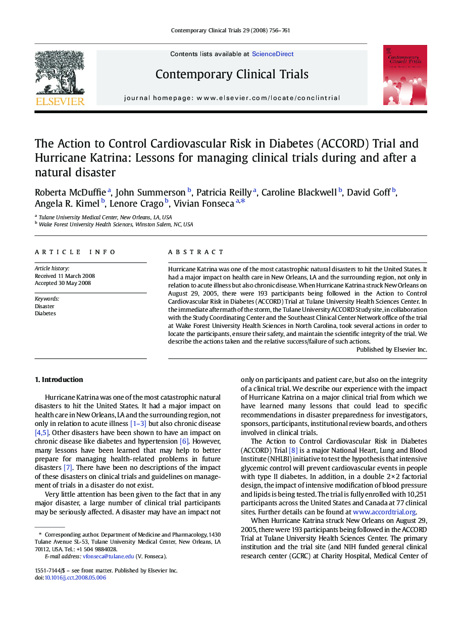 The Action to Control Cardiovascular Risk in Diabetes (ACCORD) Trial and Hurricane Katrina: Lessons for managing clinical trials during and after a natural disaster