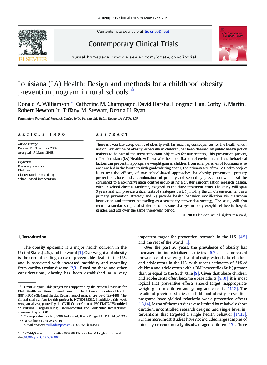 Louisiana (LA) Health: Design and methods for a childhood obesity prevention program in rural schools