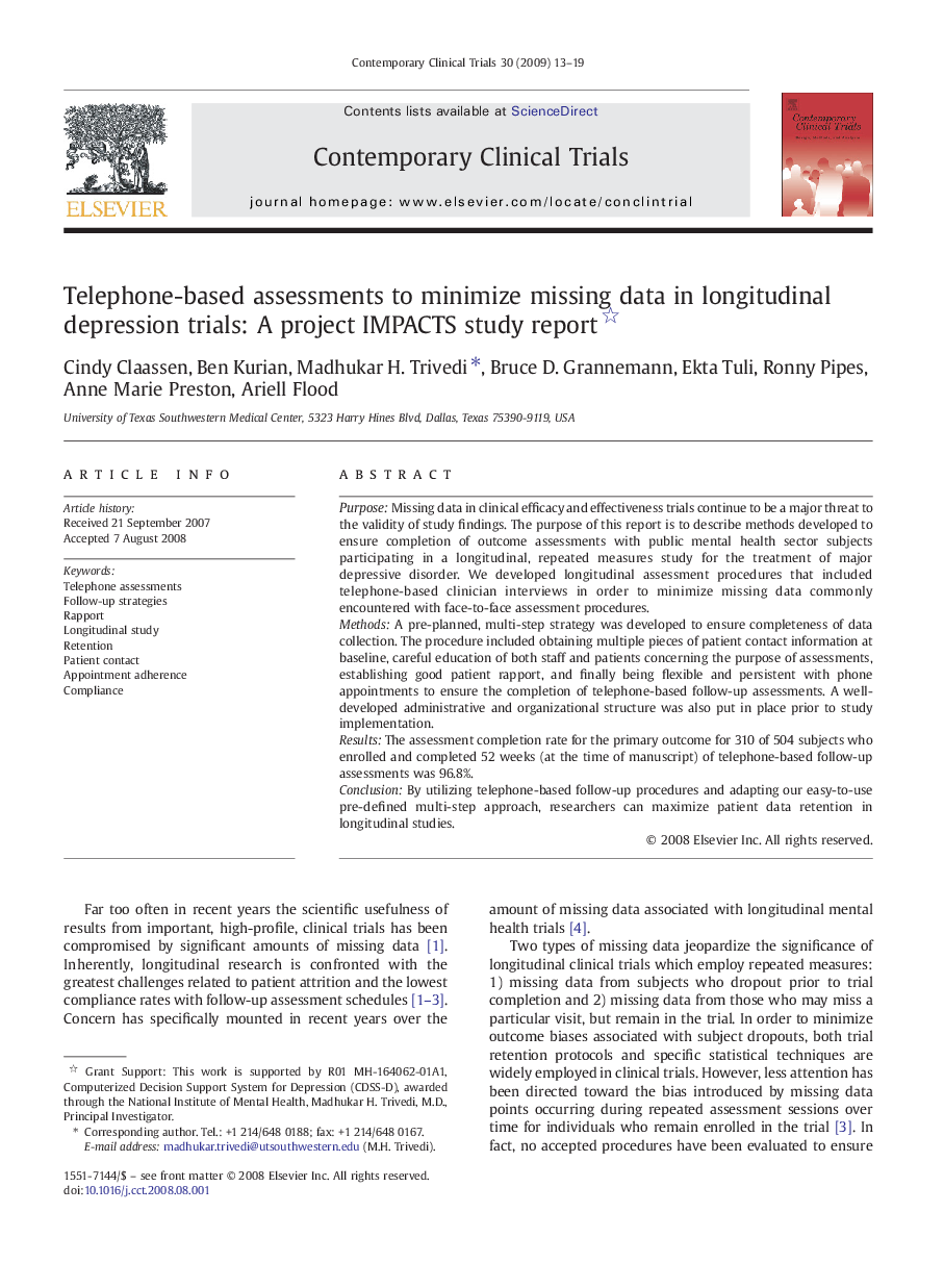 Telephone-based assessments to minimize missing data in longitudinal depression trials: A project IMPACTS study report