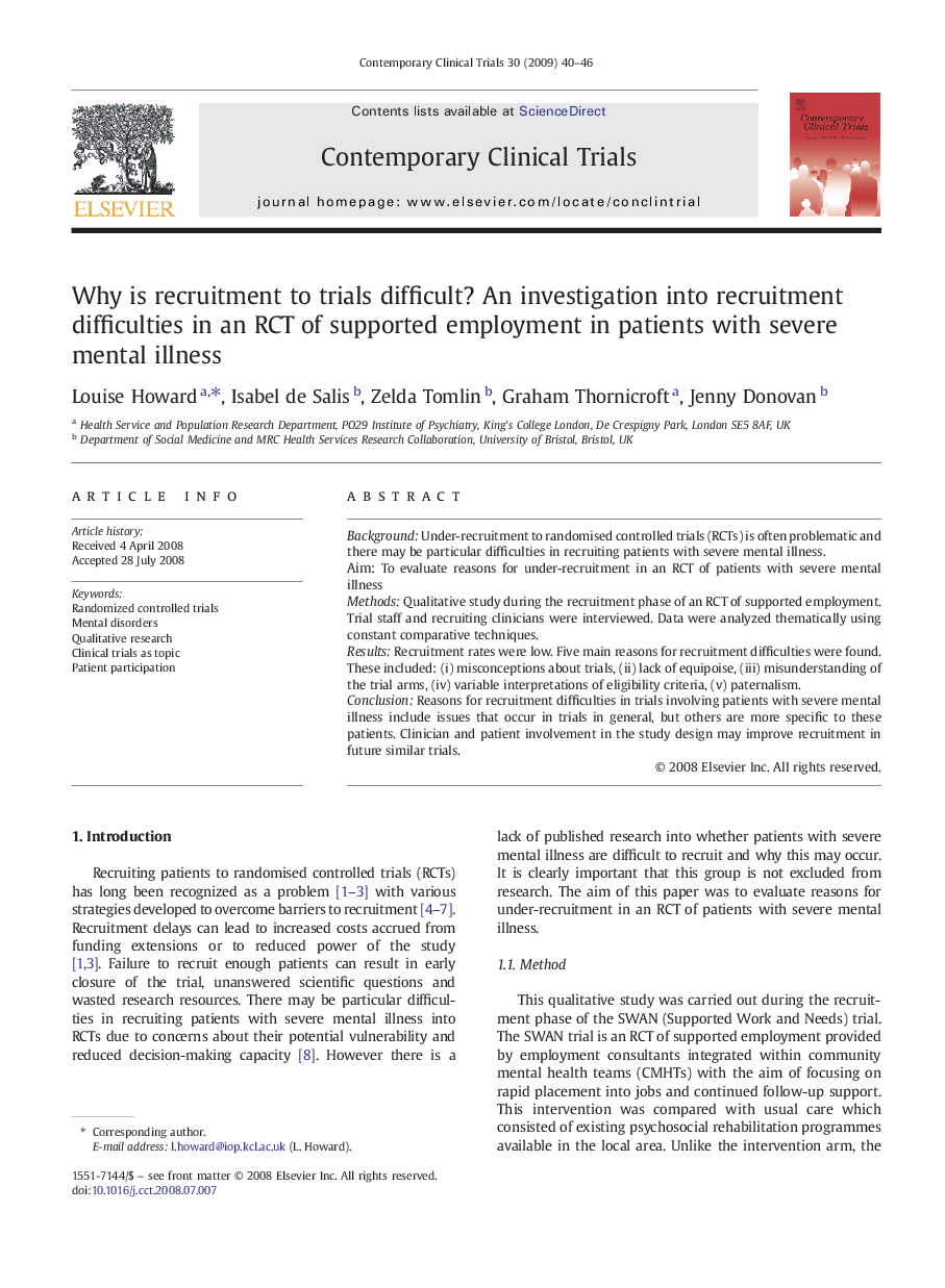 Why is recruitment to trials difficult? An investigation into recruitment difficulties in an RCT of supported employment in patients with severe mental illness