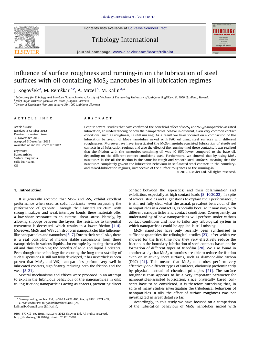 Influence of surface roughness and running-in on the lubrication of steel surfaces with oil containing MoS2 nanotubes in all lubrication regimes