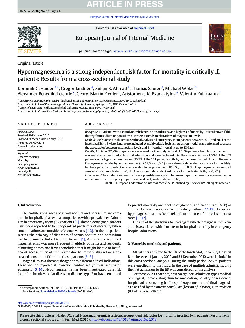 Hypermagnesemia is a strong independent risk factor for mortality in critically ill patients: Results from a cross-sectional study