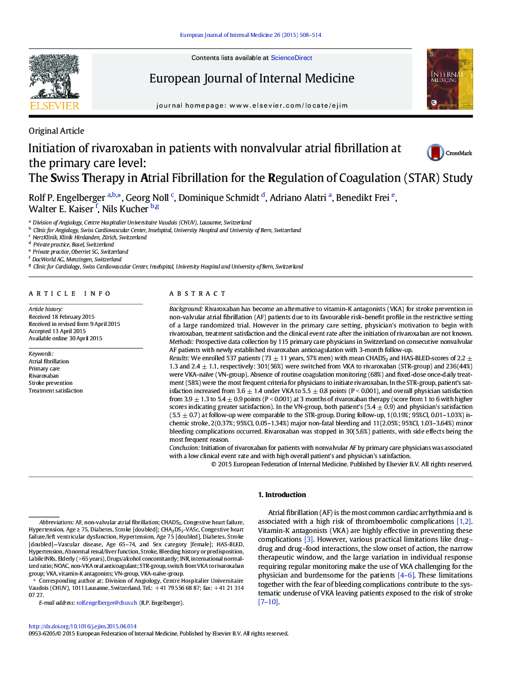 Initiation of rivaroxaban in patients with nonvalvular atrial fibrillation at the primary care level:: The Swiss Therapy in Atrial Fibrillation for the Regulation of Coagulation (STAR) Study