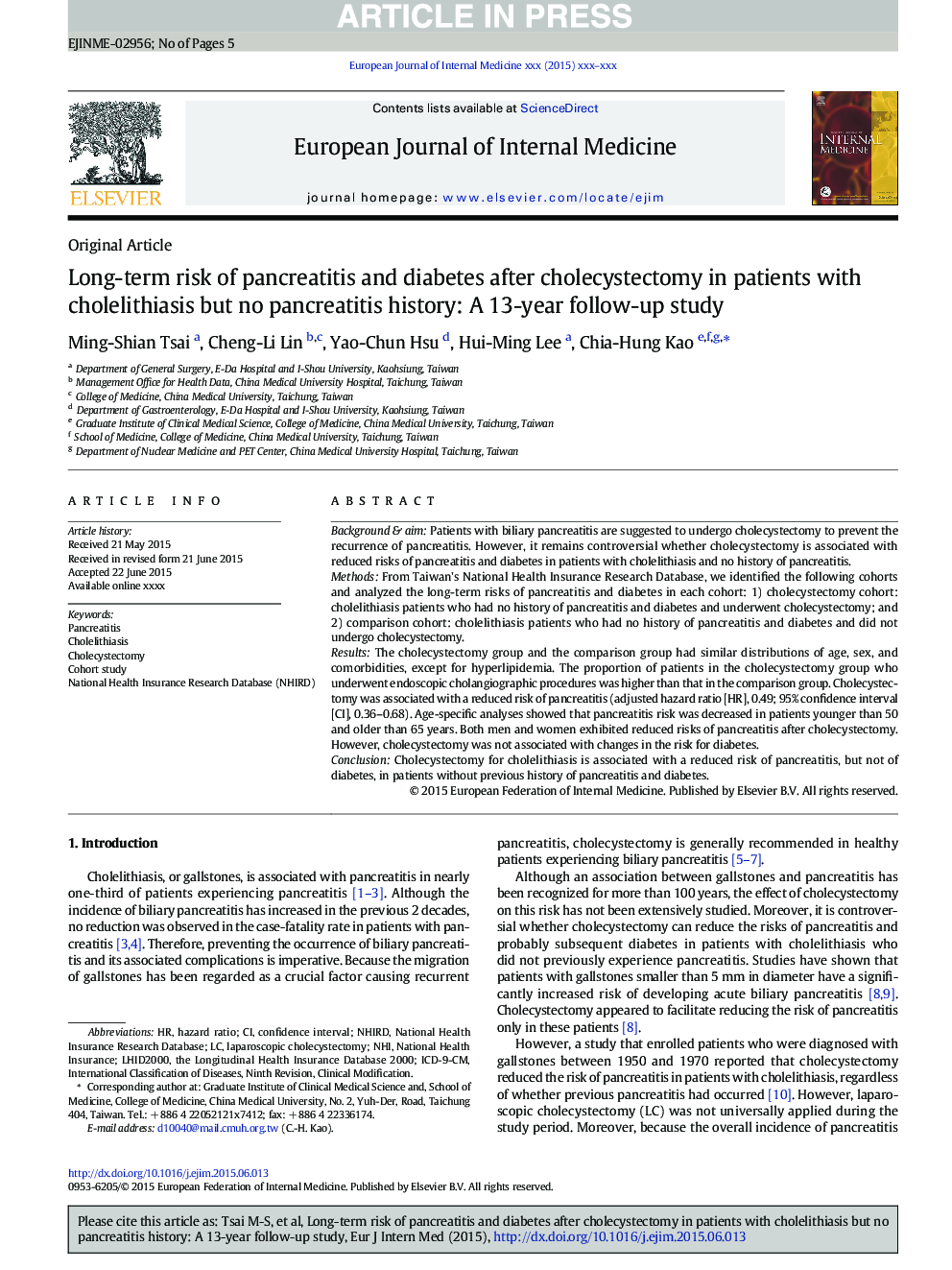 خطر طولانی مدت پانکراتیت و دیابت پس از کولسیستکتومی در بیماران مبتلا به کولیتیازیس اما تاریخ پانکراتیت: یک مطالعه 13 ساله 