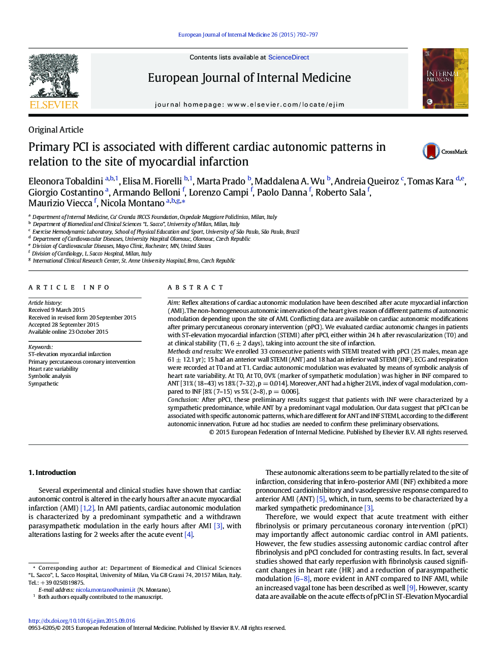 Primary PCI is associated with different cardiac autonomic patterns in relation to the site of myocardial infarction