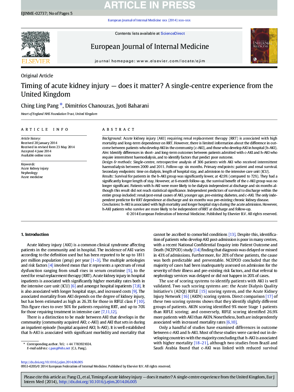 Timing of acute kidney injury - does it matter? A single-centre experience from the United Kingdom