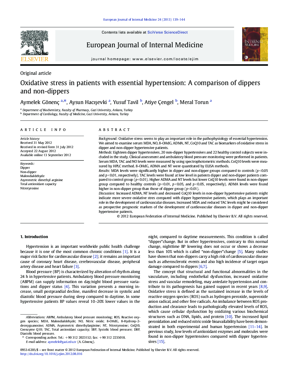 Oxidative stress in patients with essential hypertension: A comparison of dippers and non-dippers