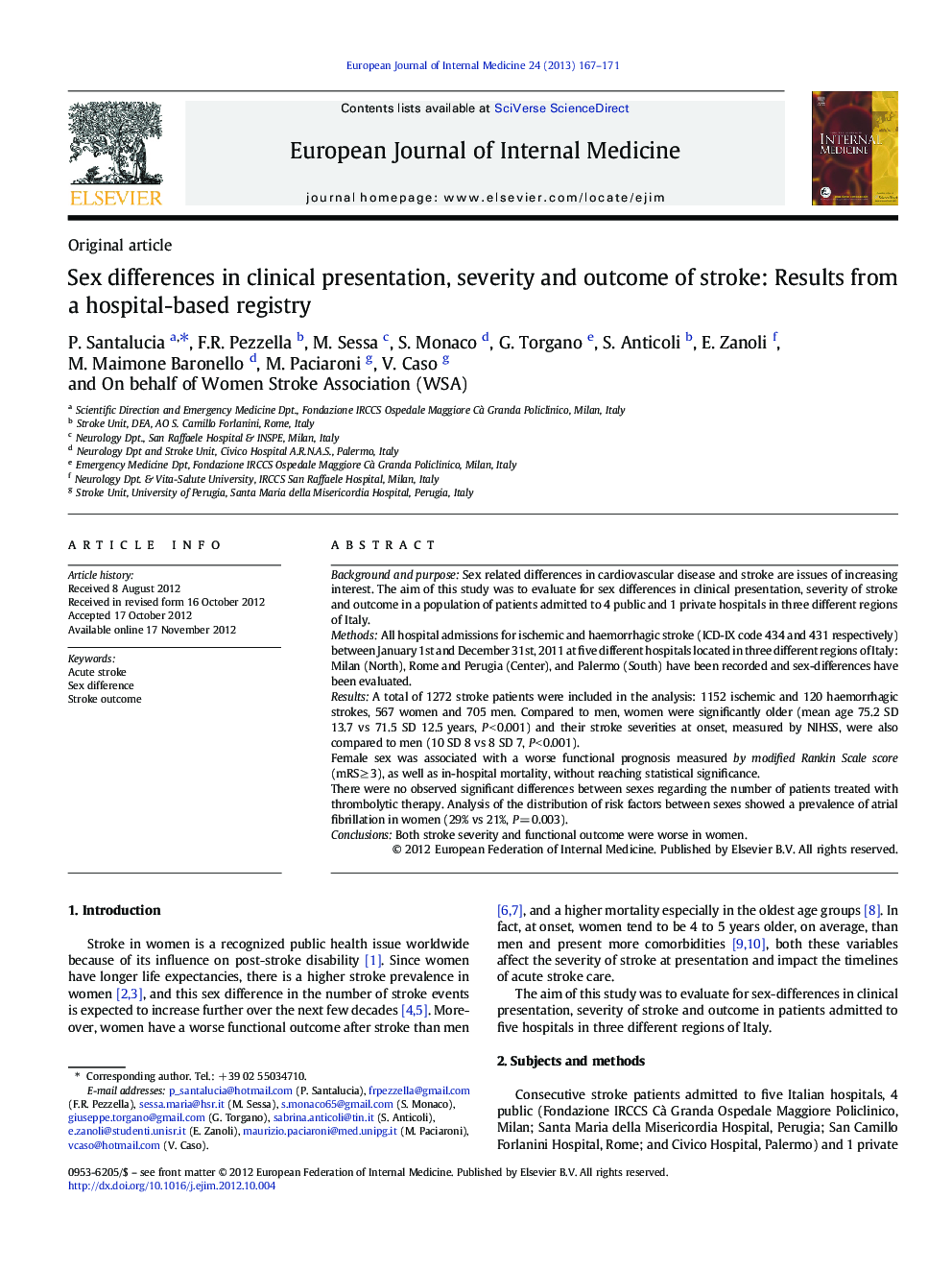 Sex differences in clinical presentation, severity and outcome of stroke: Results from a hospital-based registry