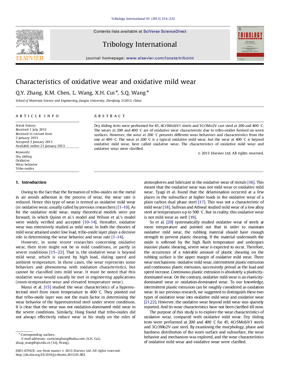 Characteristics of oxidative wear and oxidative mildwear