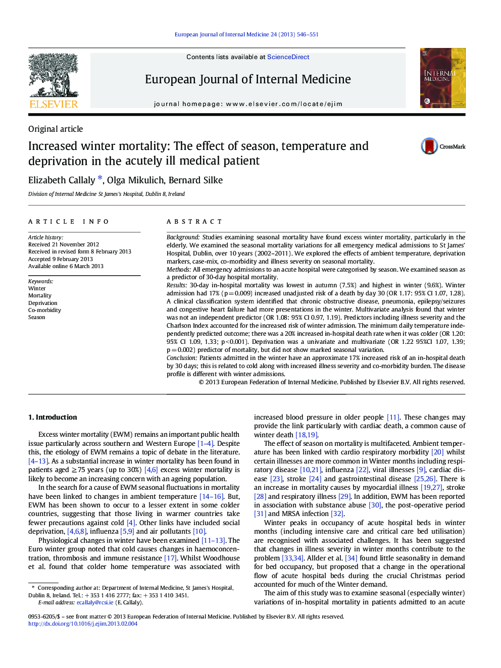 Original articleIncreased winter mortality: The effect of season, temperature and deprivation in the acutely ill medical patient