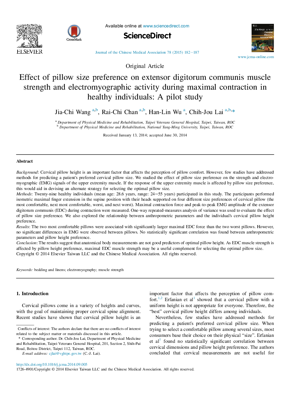 Effect of pillow size preference on extensor digitorum communis muscle strength and electromyographic activity during maximal contraction in healthy individuals: A pilot study