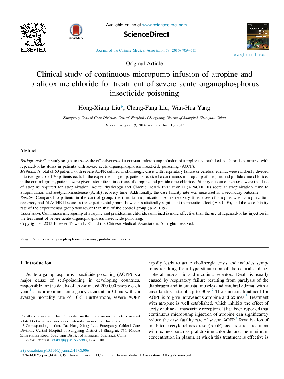 Clinical study of continuous micropump infusion of atropine and pralidoxime chloride for treatment of severe acute organophosphorus insecticide poisoning