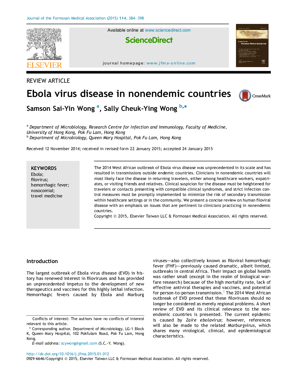 Ebola virus disease in nonendemic countries