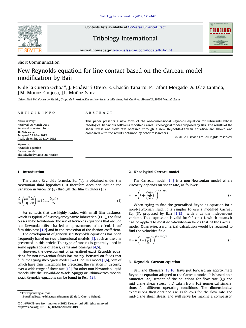 New Reynolds equation for line contact based on the Carreau model modification by Bair