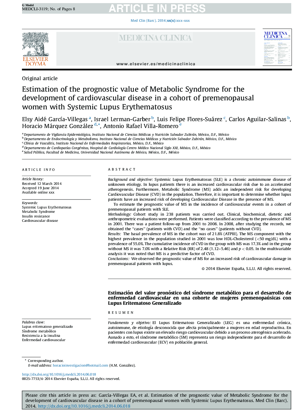 Prognostic value of metabolic syndrome for the development of cardiovascular disease in a cohort of premenopausal women with systemic lupus erythematosus