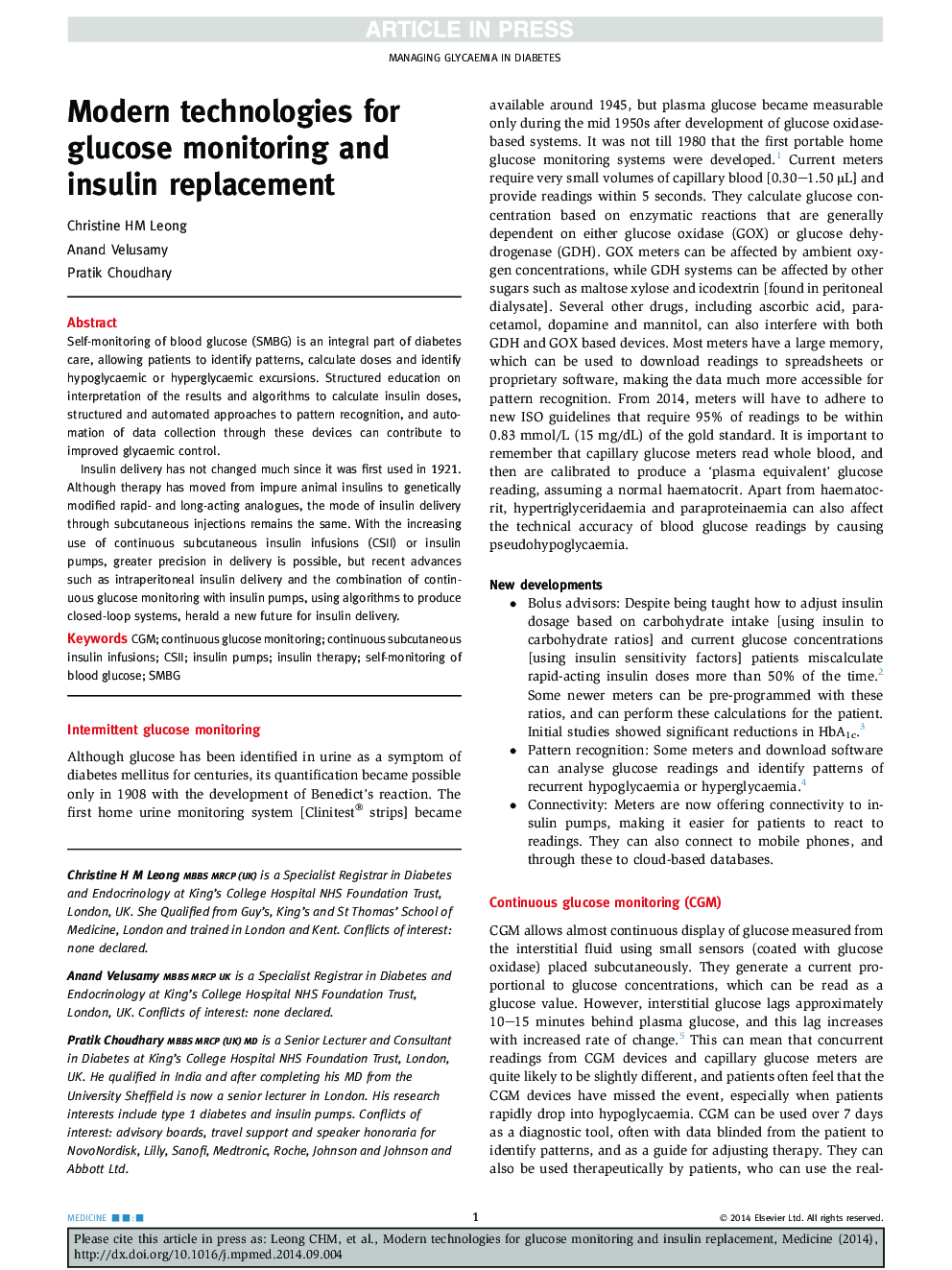 Modern technologies for glucose monitoring and insulin replacement