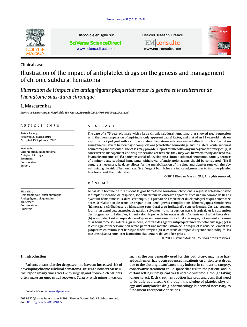 Illustration of the impact of antiplatelet drugs on the genesis and management of chronic subdural hematoma