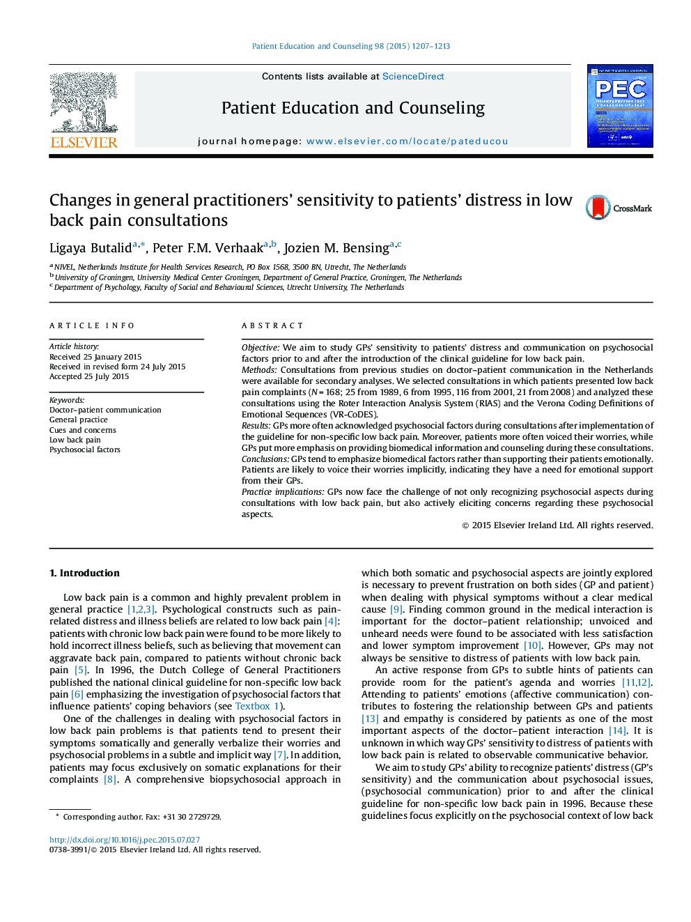 Changes in general practitioners' sensitivity to patients' distress in low back pain consultations