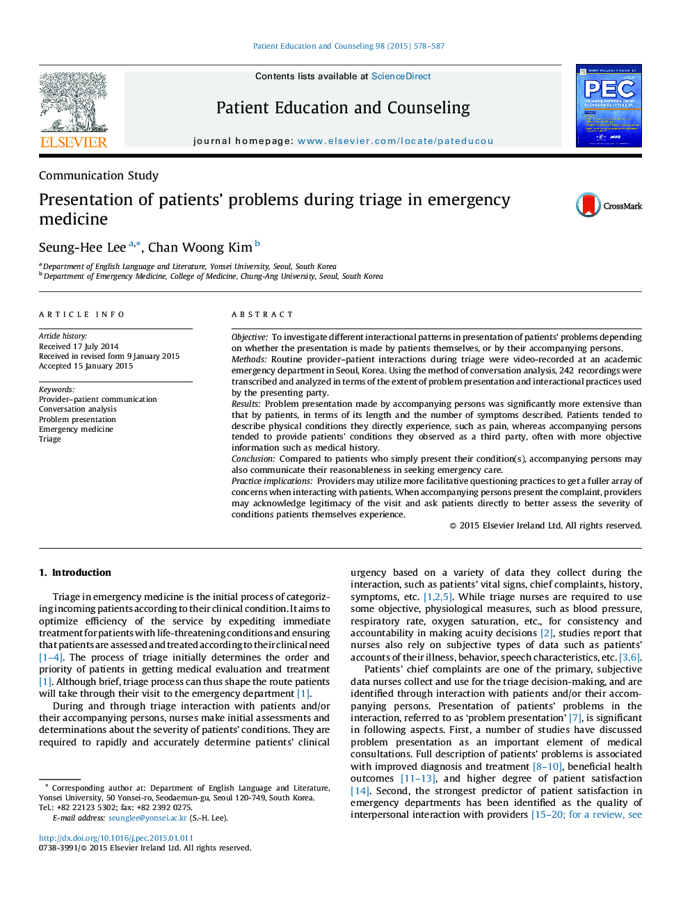 Presentation of patients' problems during triage in emergency medicine