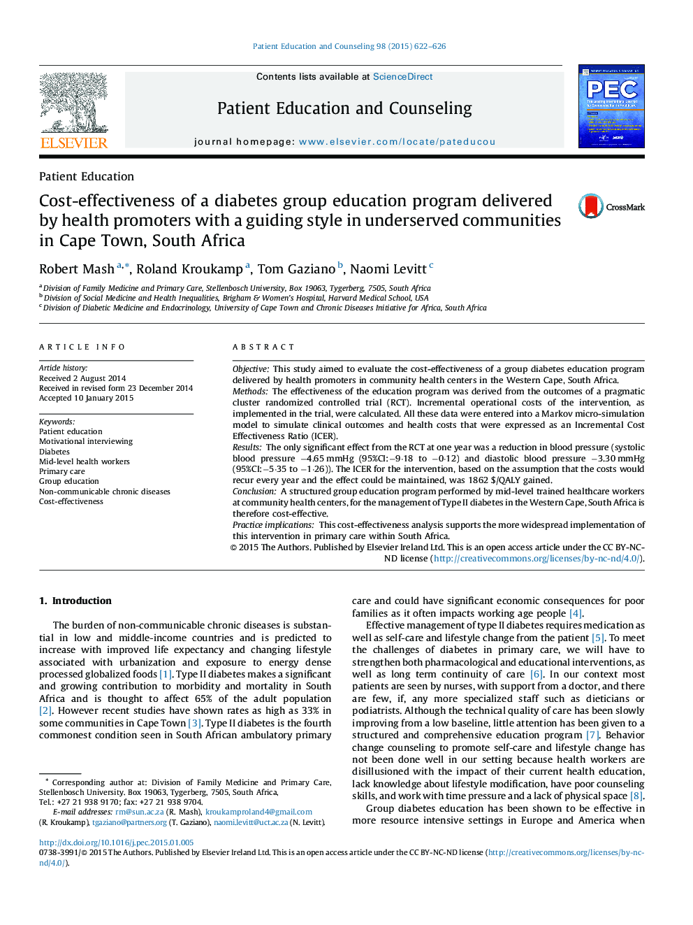 Cost-effectiveness of a diabetes group education program delivered by health promoters with a guiding style in underserved communities in Cape Town, South Africa