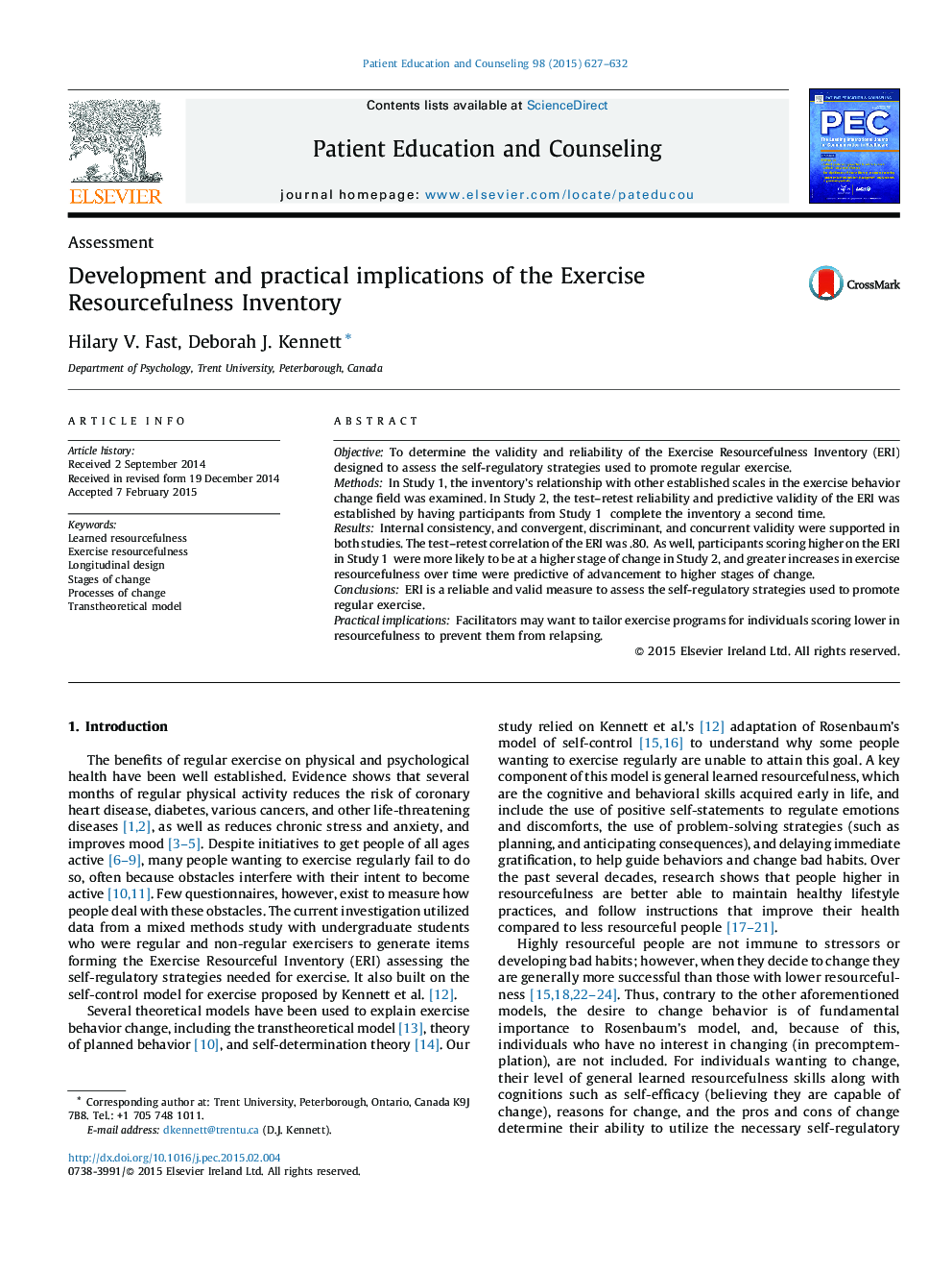 Development and practical implications of the Exercise Resourcefulness Inventory