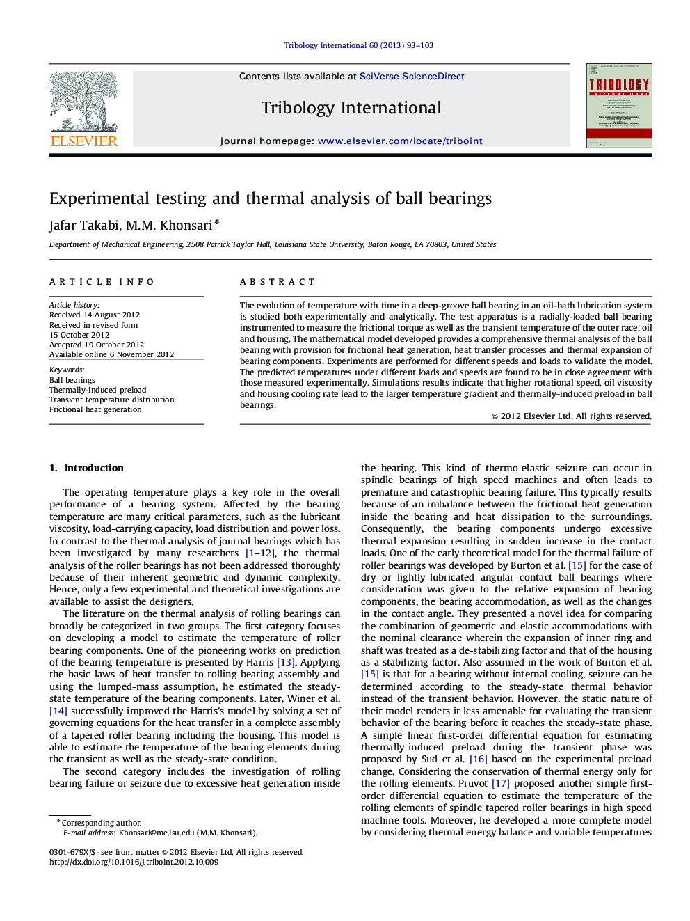 Experimental testing and thermal analysis of ball bearings