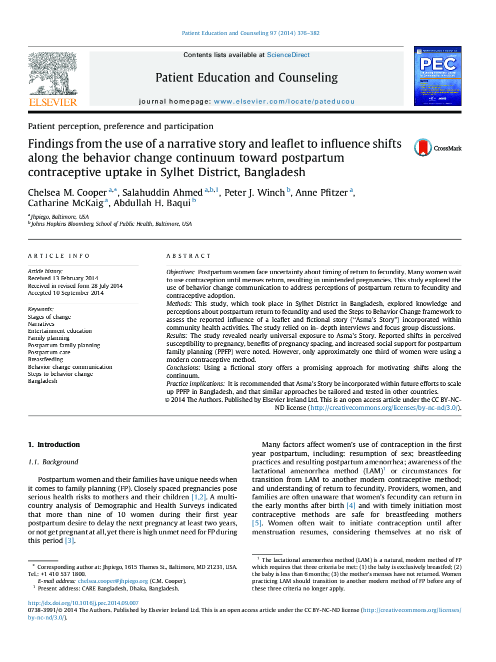 Findings from the use of a narrative story and leaflet to influence shifts along the behavior change continuum toward postpartum contraceptive uptake in Sylhet District, Bangladesh