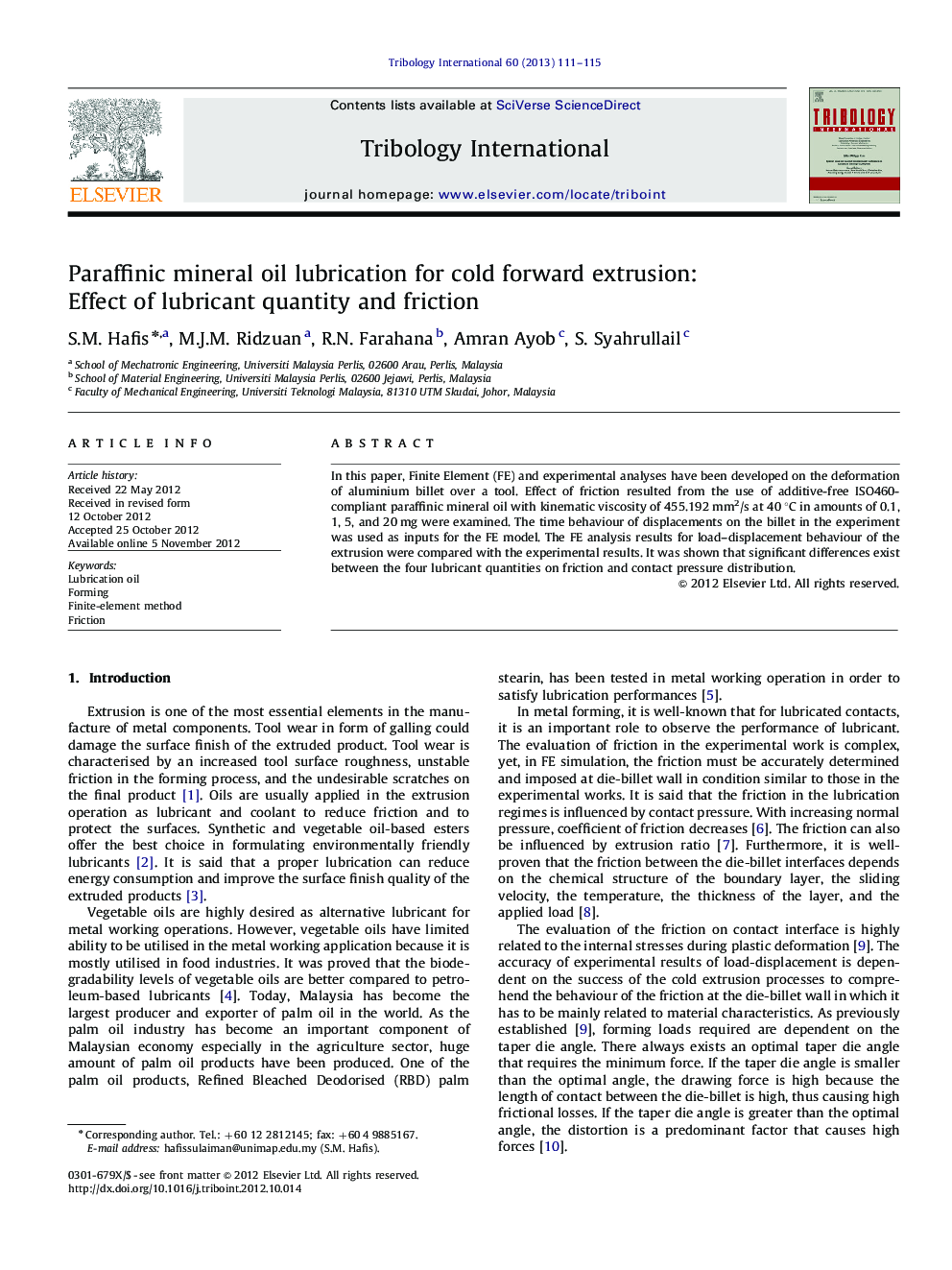 Paraffinic mineral oil lubrication for cold forward extrusion: Effect of lubricant quantity and friction