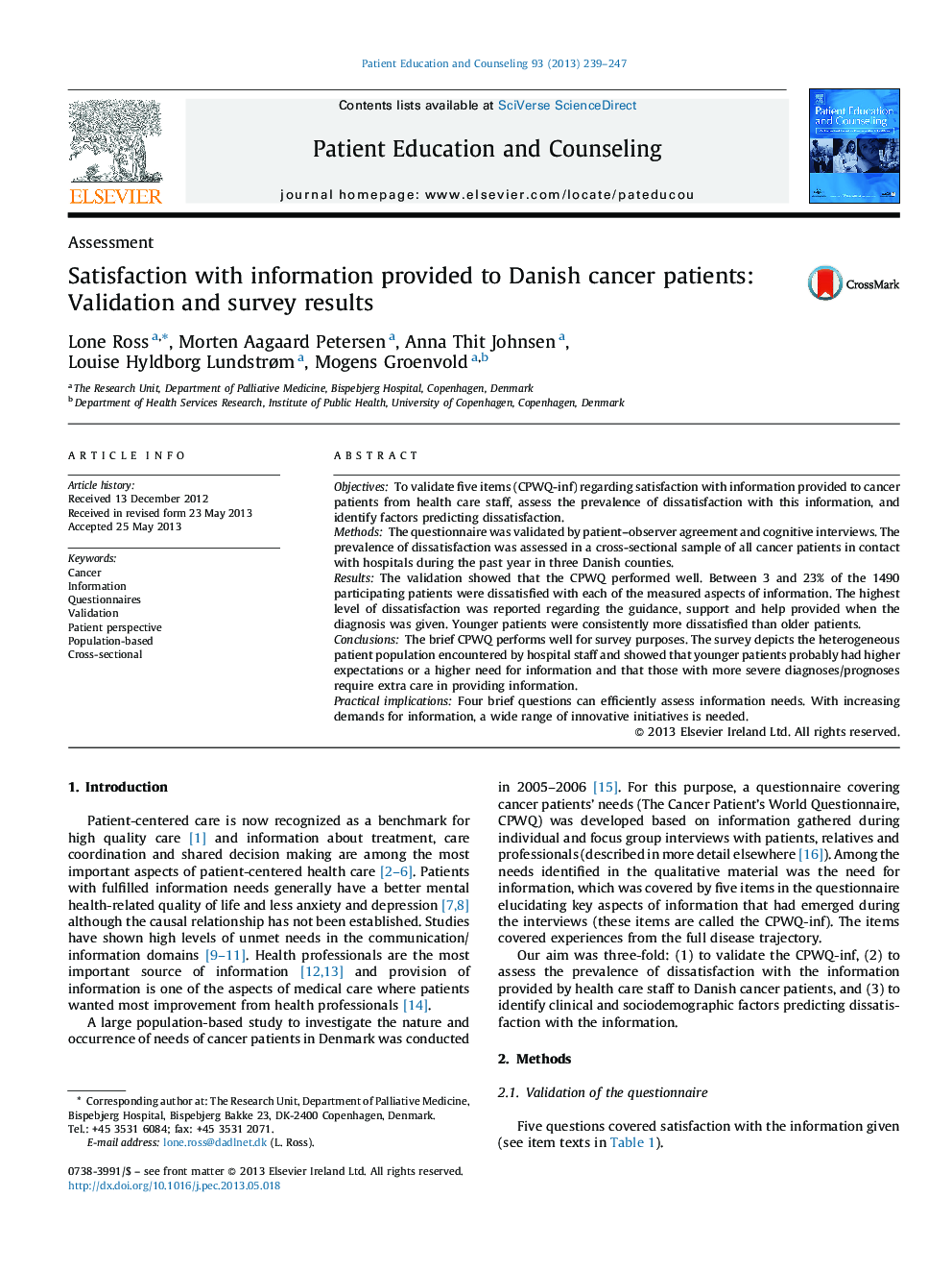 Satisfaction with information provided to Danish cancer patients: Validation and survey results