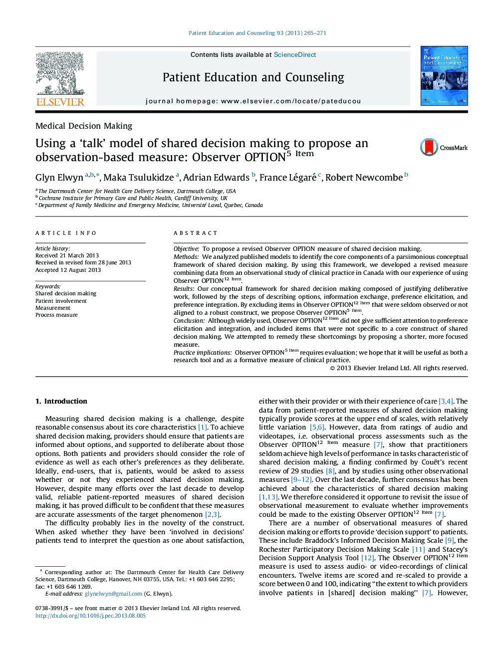 Using a 'talk' model of shared decision making to propose an observation-based measure: Observer OPTION5 Item