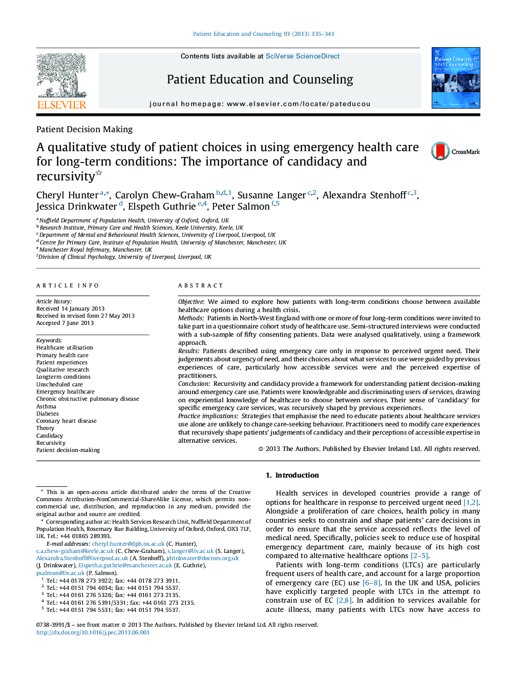 A qualitative study of patient choices in using emergency health care for long-term conditions: The importance of candidacy and recursivity