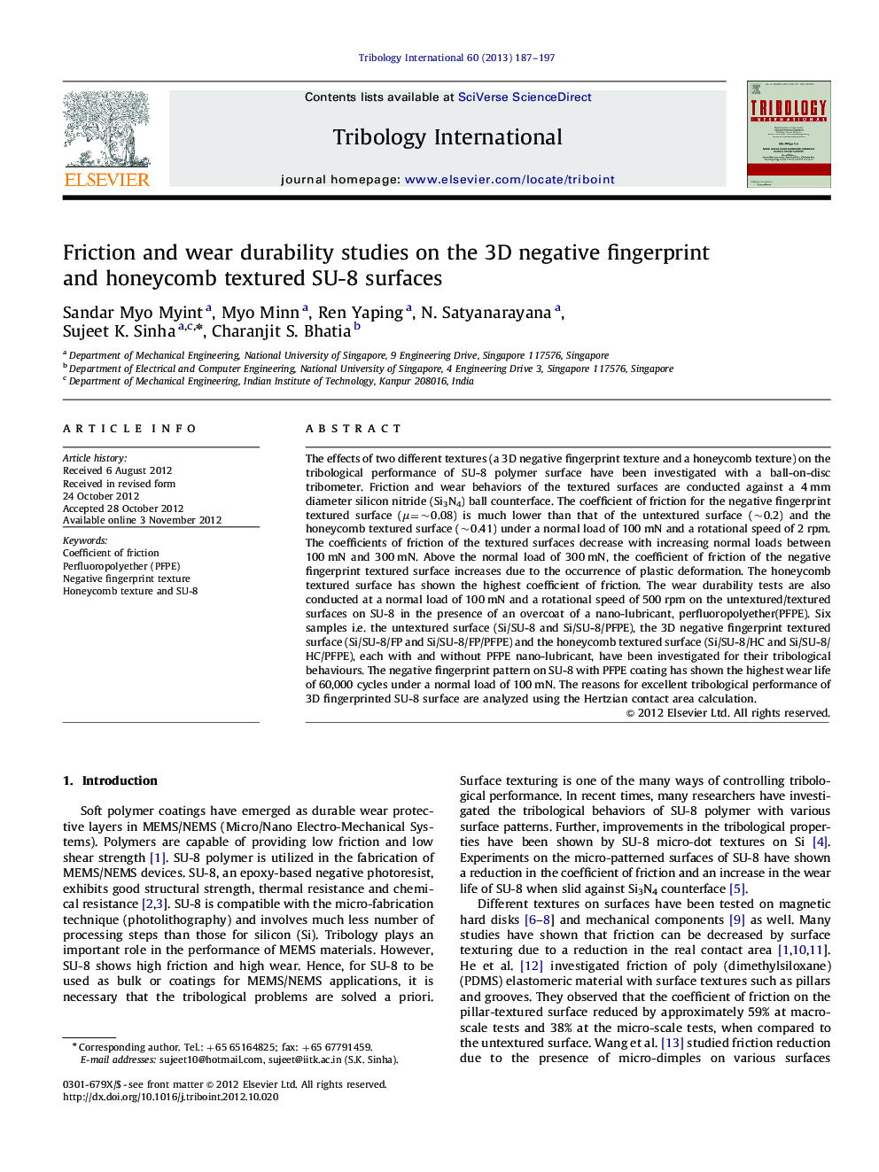 Friction and wear durability studies on the 3D negative fingerprint and honeycomb textured SU-8 surfaces