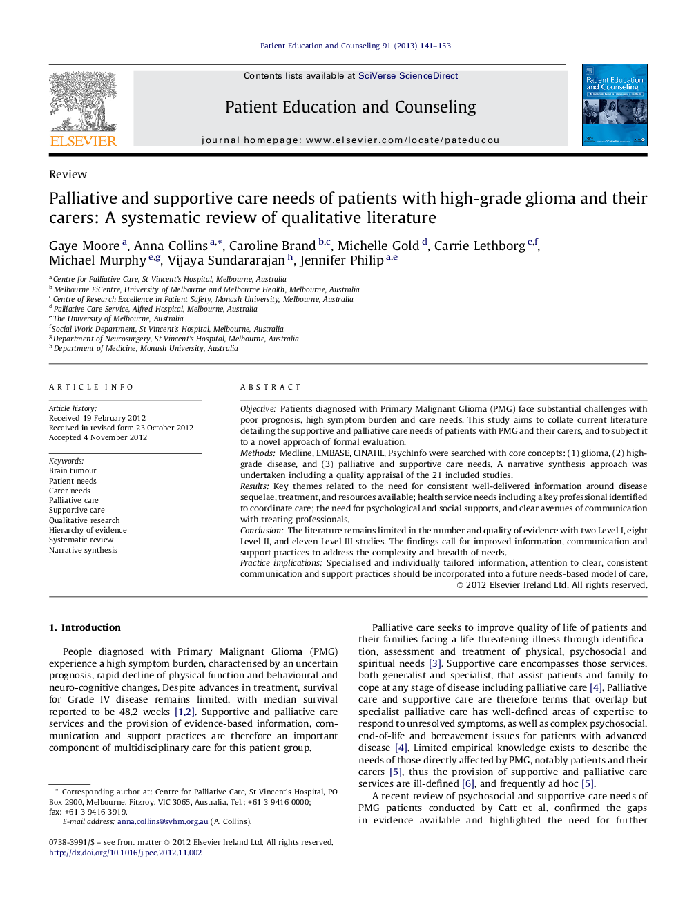 Palliative and supportive care needs of patients with high-grade glioma and their carers: A systematic review of qualitative literature