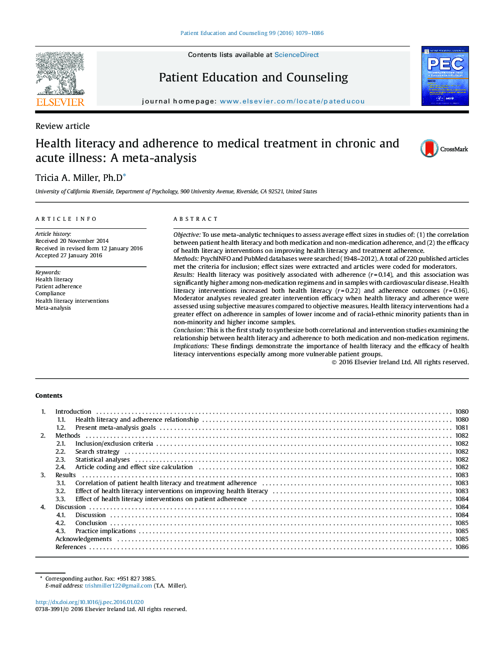 Health literacy and adherence to medical treatment in chronic and acute illness: A meta-analysis