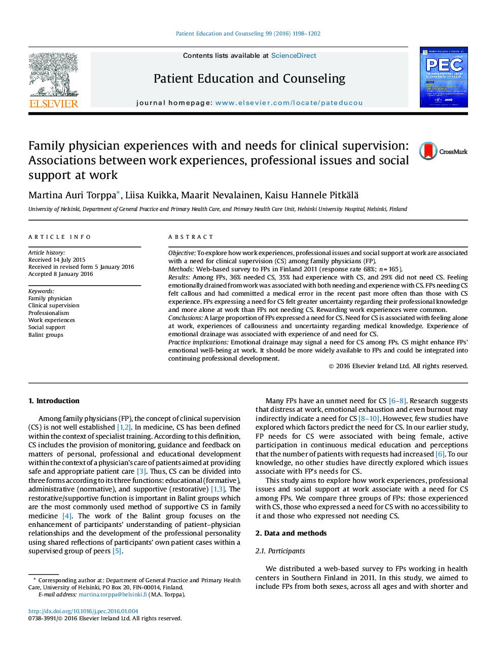 Family physician experiences with and needs for clinical supervision: Associations between work experiences, professional issues and social support at work