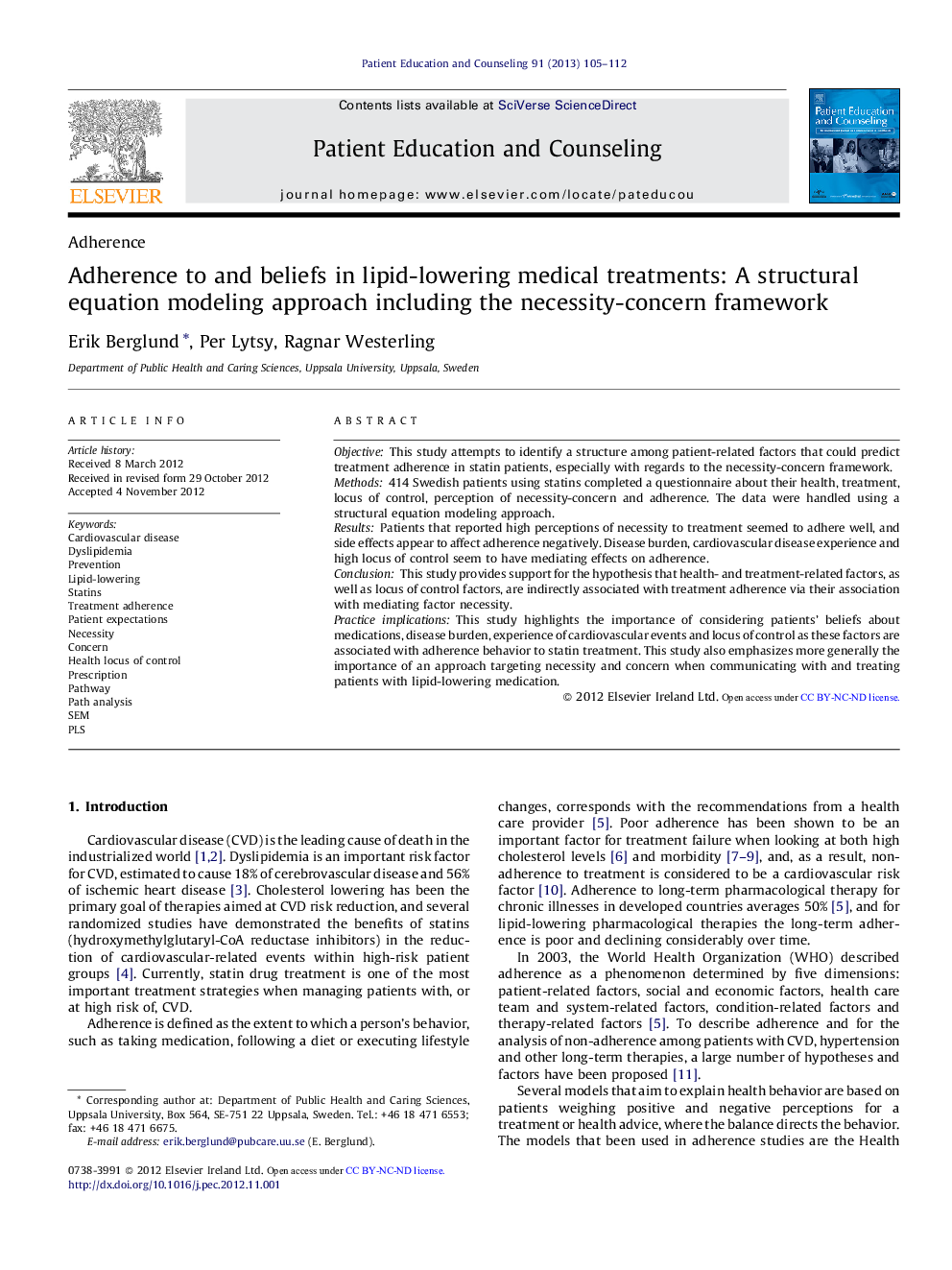 Adherence to and beliefs in lipid-lowering medical treatments: A structural equation modeling approach including the necessity-concern framework