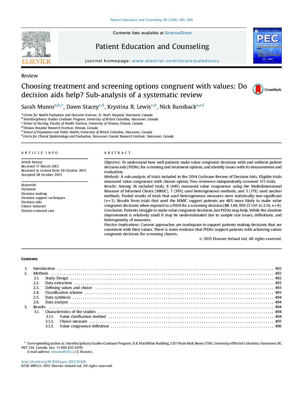 Choosing treatment and screening options congruent with values: Do decision aids help? Sub-analysis of a systematic review