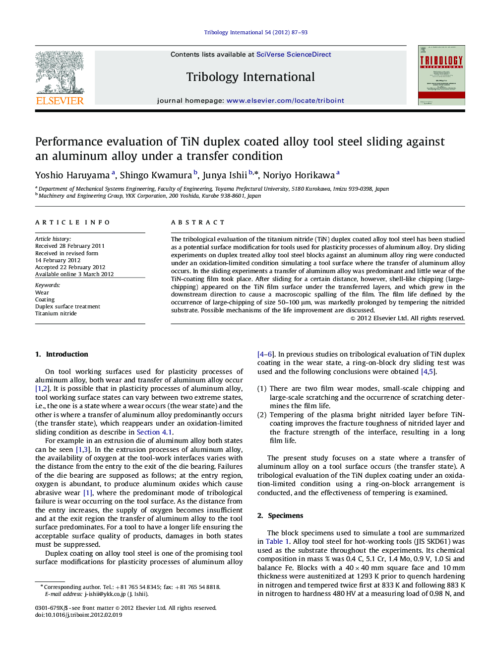 Performance evaluation of TiN duplex coated alloy tool steel sliding against an aluminum alloy under a transfer condition