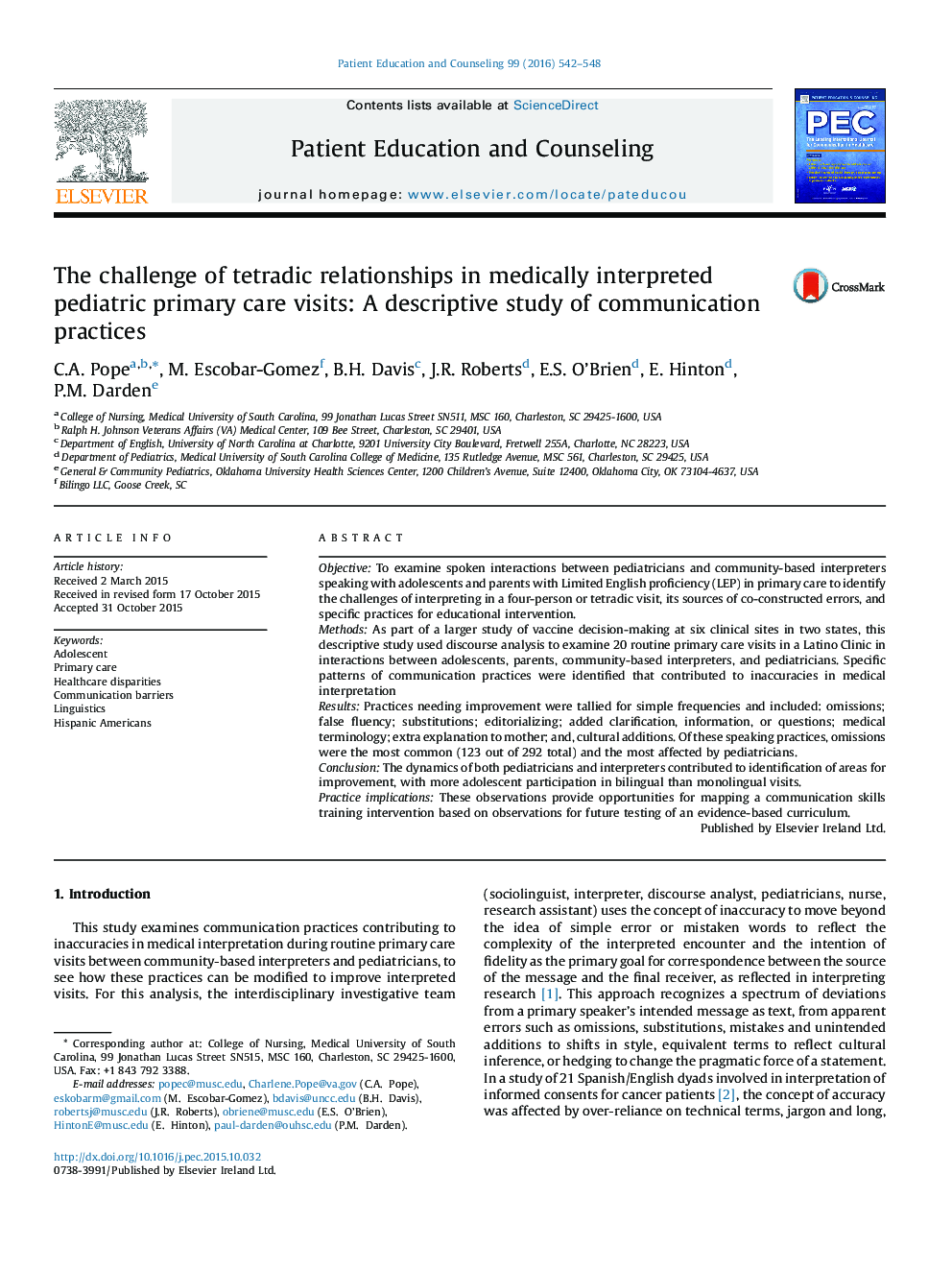 The challenge of tetradic relationships in medically interpreted pediatric primary care visits: A descriptive study of communication practices