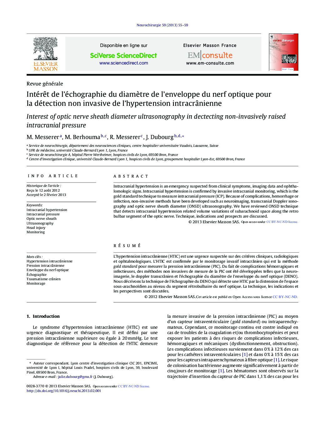 IntérÃªt de l'échographie du diamÃ¨tre de l'enveloppe du nerf optique pour la détection non invasive de l'hypertension intracrÃ¢nienne