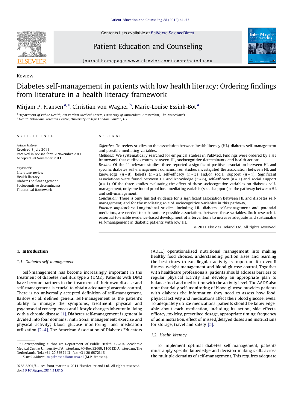 Diabetes self-management in patients with low health literacy: Ordering findings from literature in a health literacy framework