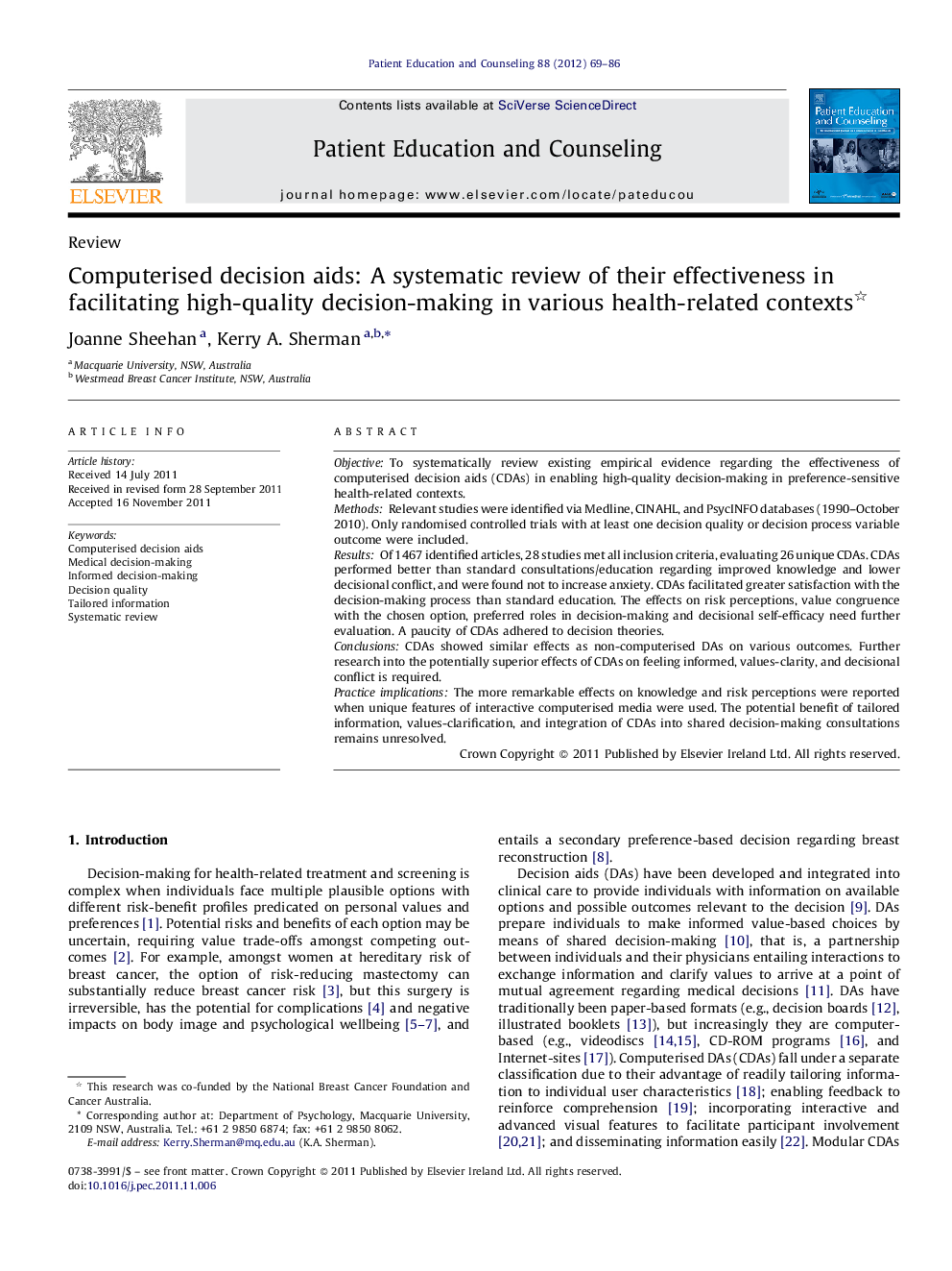 Computerised decision aids: A systematic review of their effectiveness in facilitating high-quality decision-making in various health-related contexts