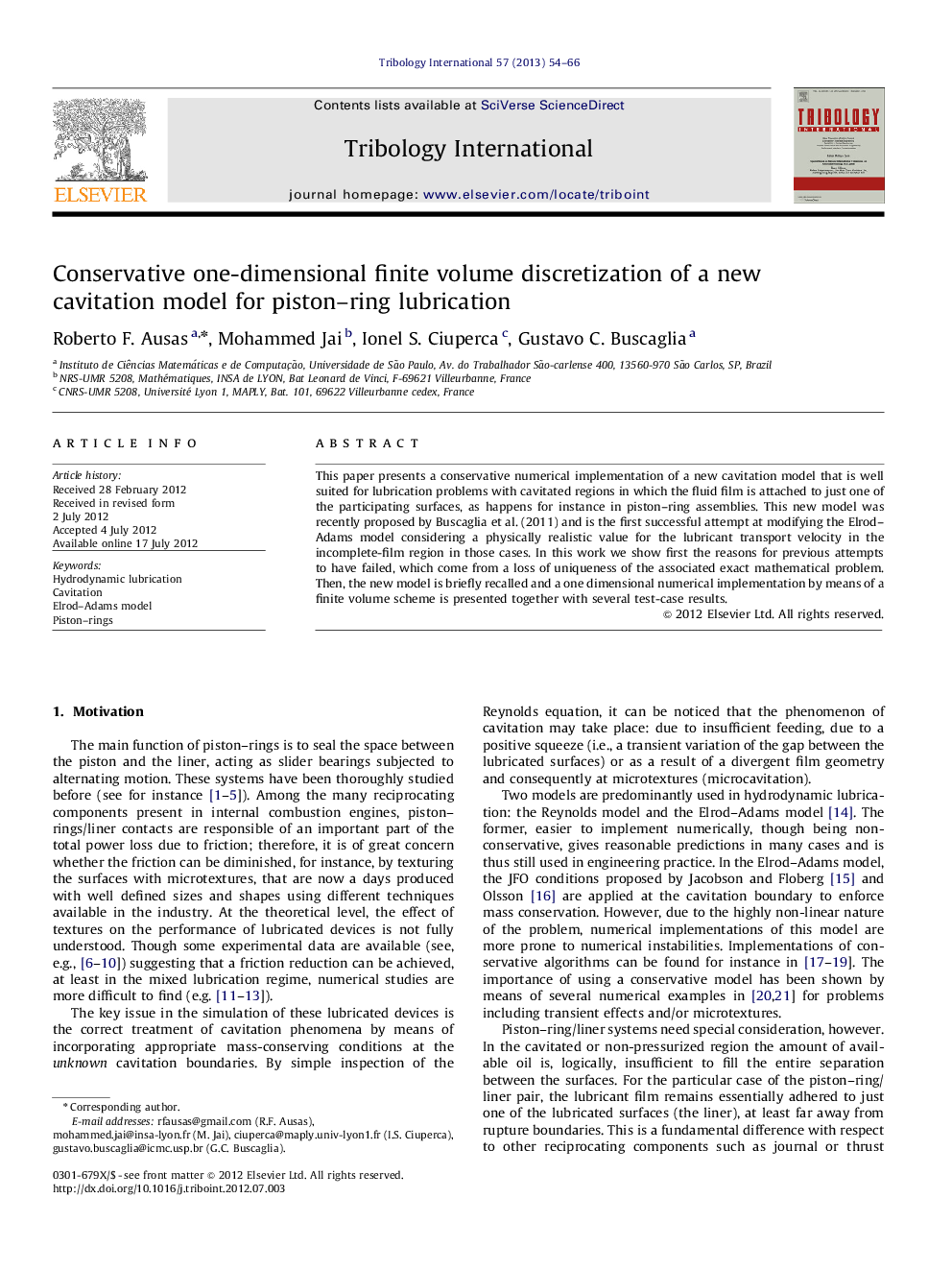 Conservative one-dimensional finite volume discretization of a new cavitation model for piston–ring lubrication