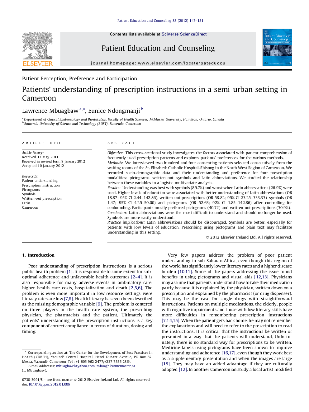 Patients' understanding of prescription instructions in a semi-urban setting in Cameroon