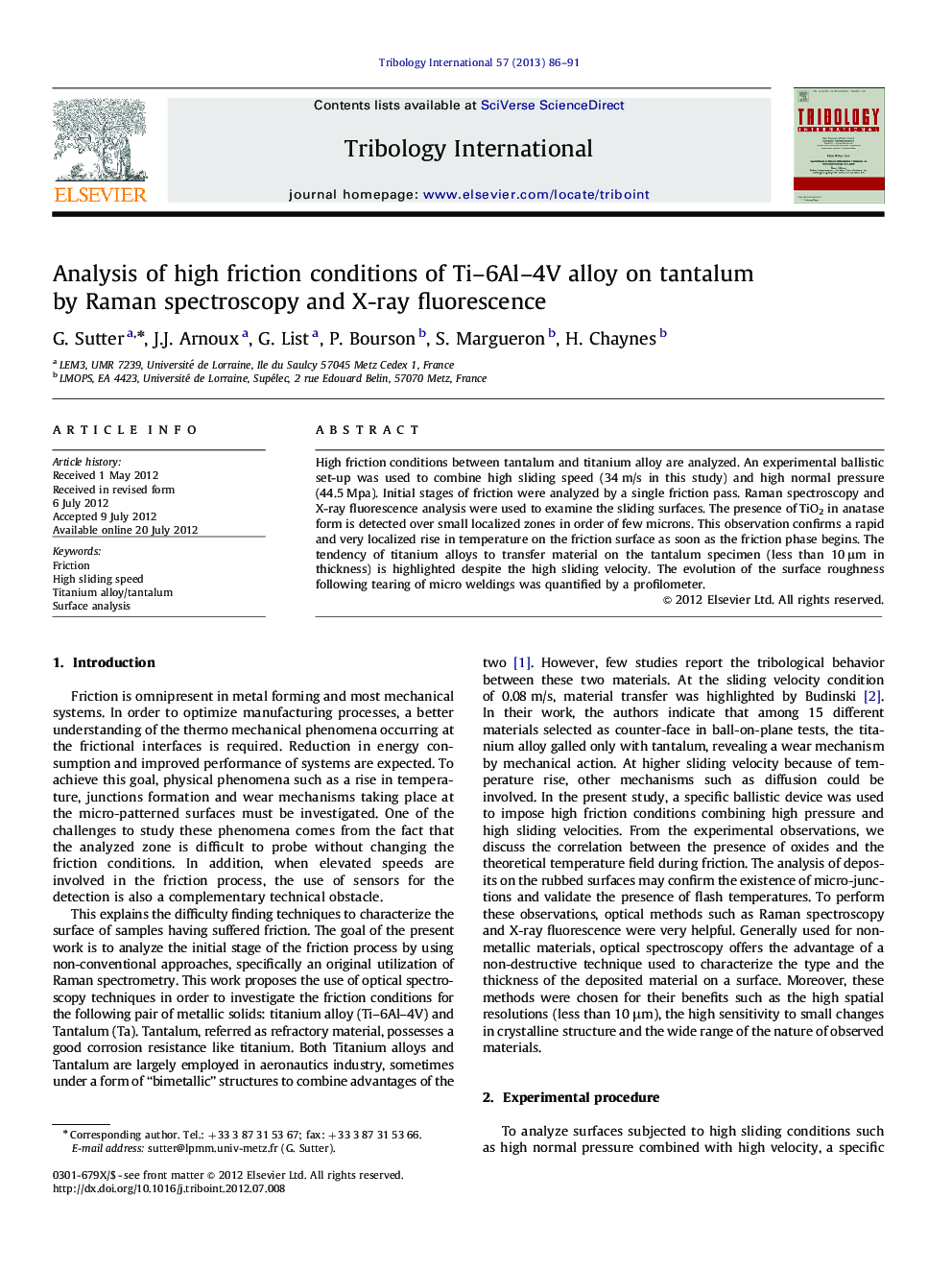 Analysis of high friction conditions of Ti–6Al–4V alloy on tantalum by Raman spectroscopy and X-ray fluorescence