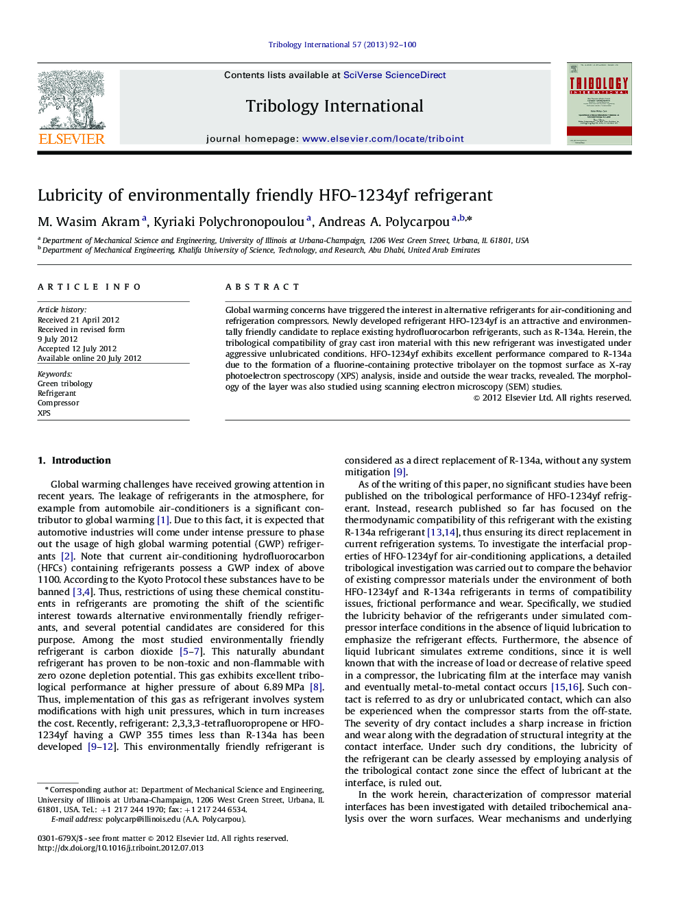 Lubricity of environmentally friendly HFO-1234yf refrigerant