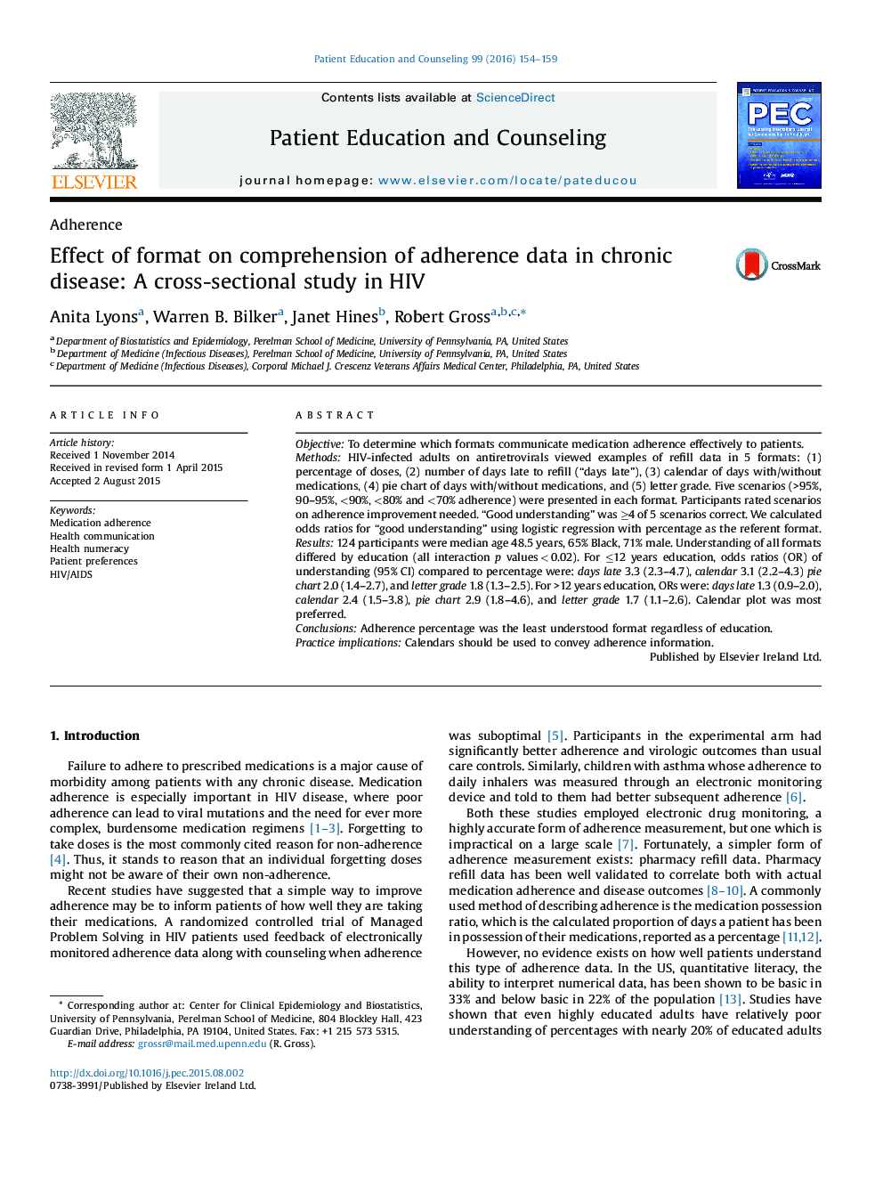 Effect of format on comprehension of adherence data in chronic disease: A cross-sectional study in HIV