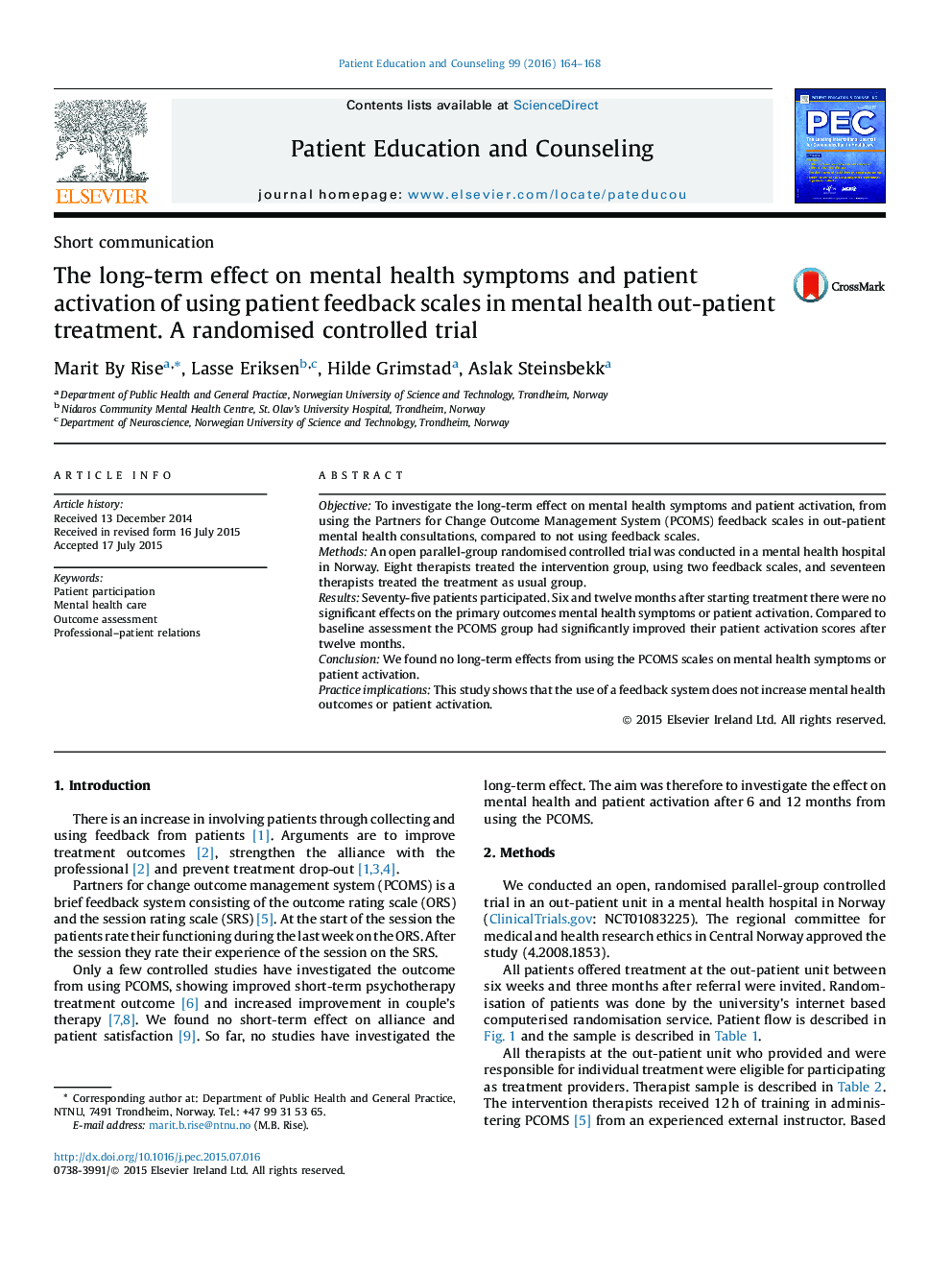 The long-term effect on mental health symptoms and patient activation of using patient feedback scales in mental health out-patient treatment. A randomised controlled trial
