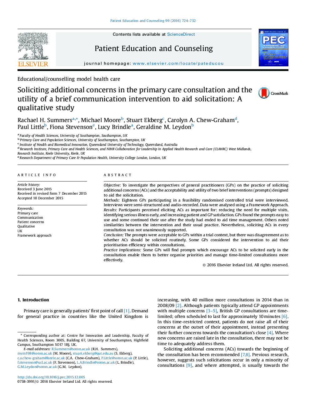 Soliciting additional concerns in the primary care consultation and the utility of a brief communication intervention to aid solicitation: A qualitative study