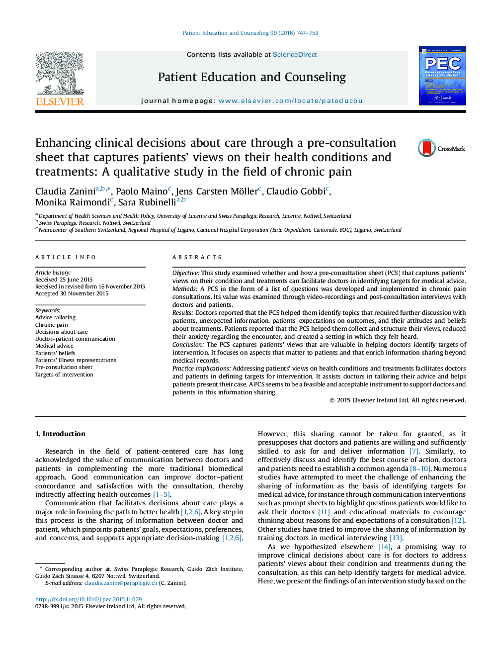 Enhancing clinical decisions about care through a pre-consultation sheet that captures patients' views on their health conditions and treatments: A qualitative study in the field of chronic pain
